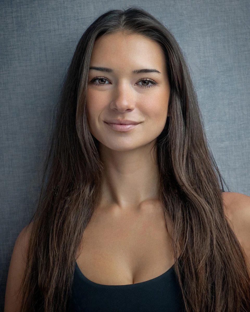 Woman in a dark top against a muted background